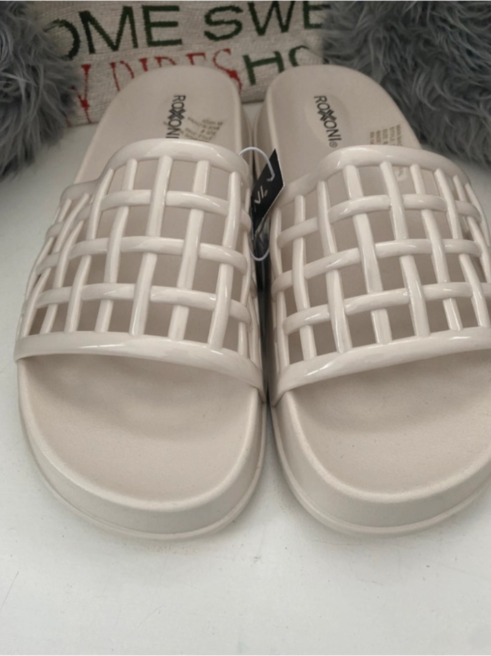 Roxoni Women's Cream Slide Sandals with Woven Lattice Strap